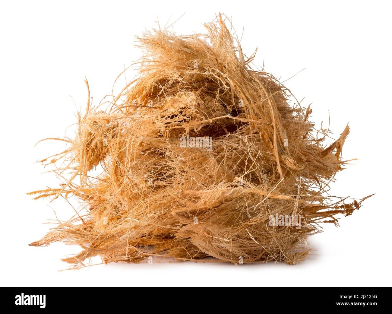 pile of coconut husk fiber or coir, commercially important natural fiber extracted from outer husk of coconut fruit,isolated on white background Stock Photo