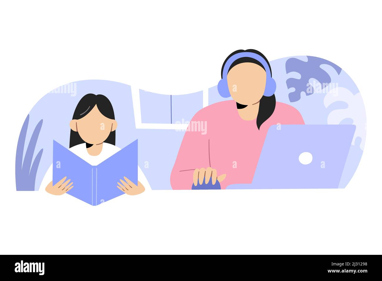 Freelancer mother working at home using laptop, headphones while her daughter doing homework, freelancer woman, home office, vector illustration Stock Vector