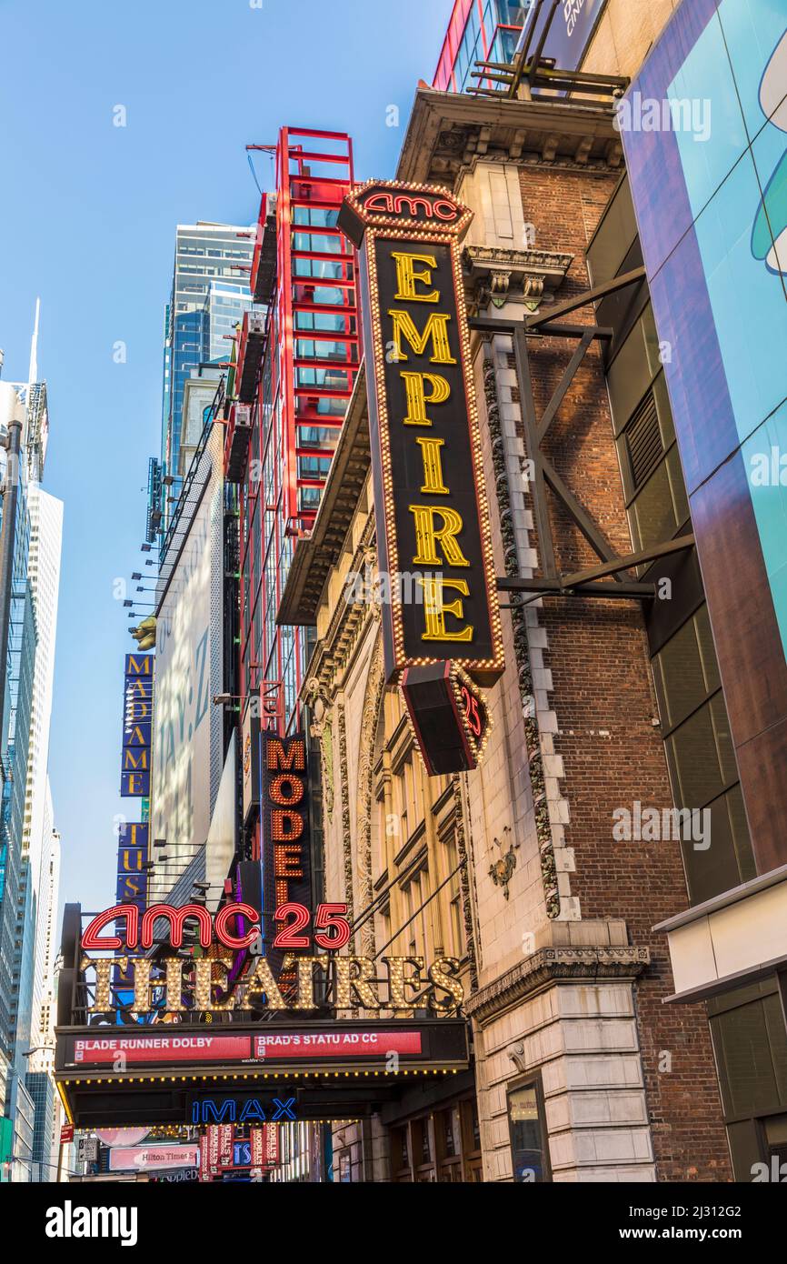 NEW YORK, USA OCT 4, 2017: neon advertising of empire theater at times ...