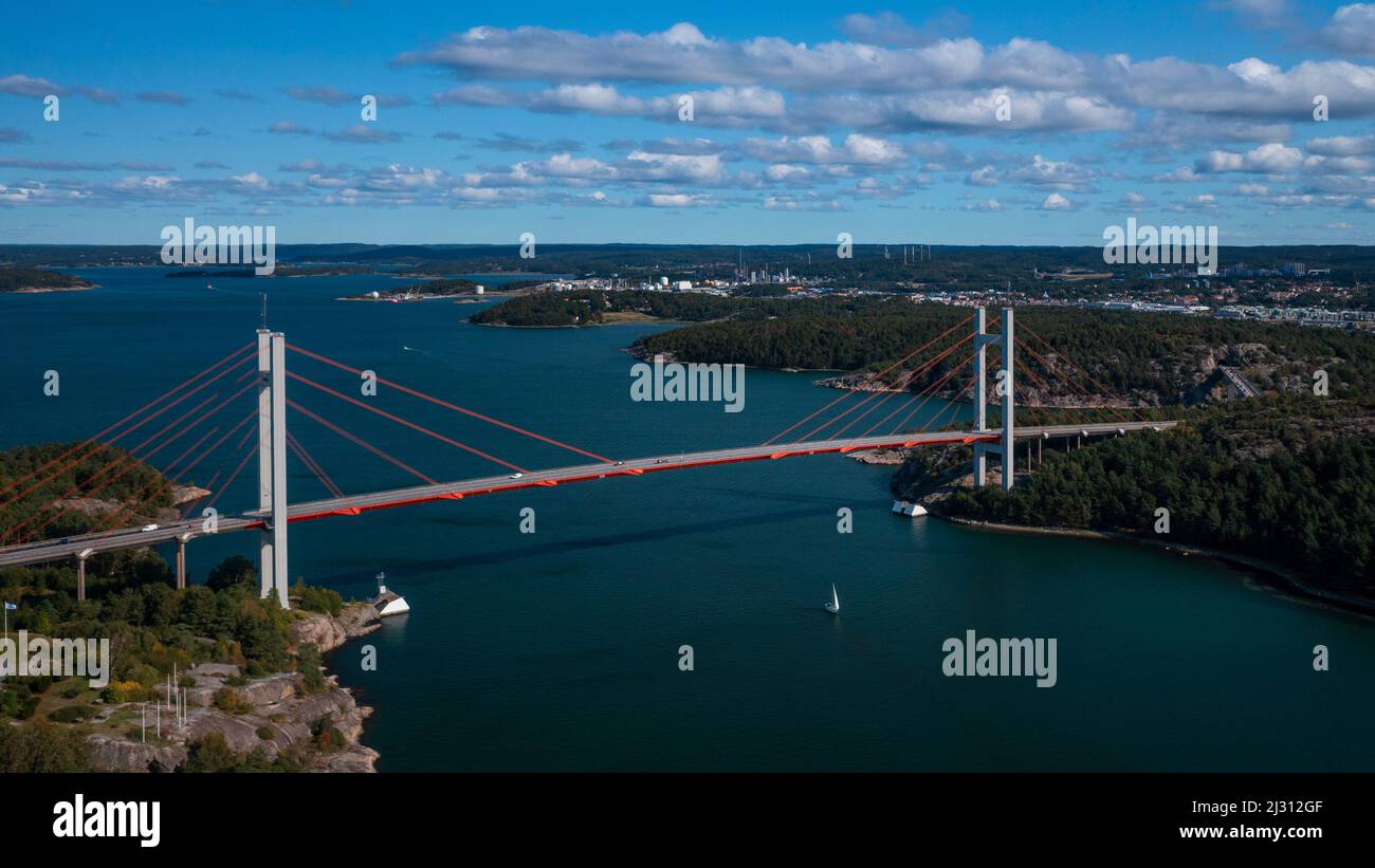 Tjörnbron Bridge to the archipelago island of Tjörn on the west coast of Sweden from above, sunshine on the day with a blue sky Stock Photo