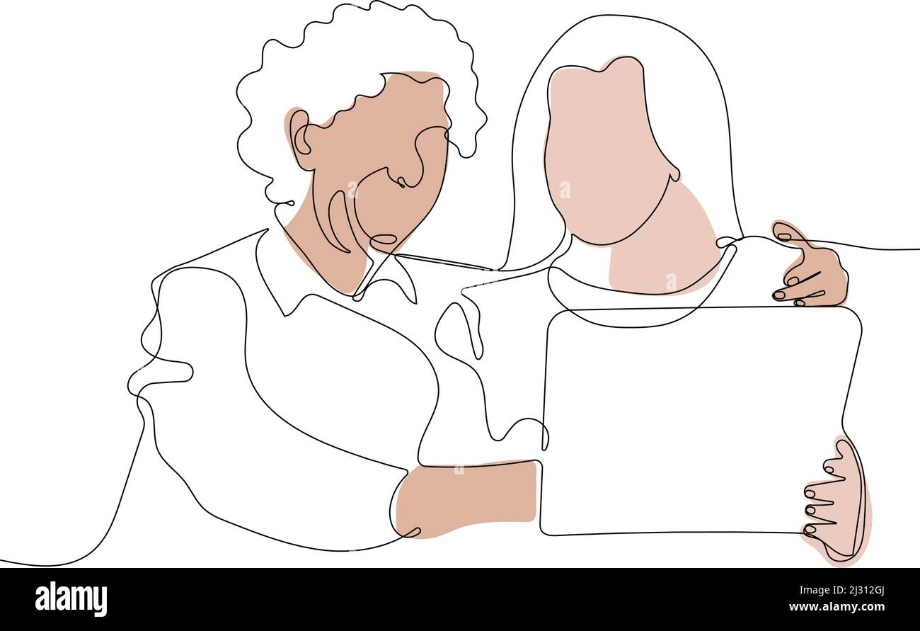 Adult daughter helps elderly mother with notebook Stock Vector