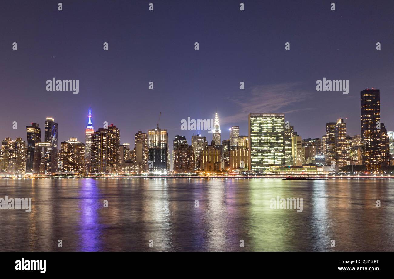 NEW YORK, USA - OCT 6, 2017: skyline view of New York with illuminated Empire State and Chrysler building. Stock Photo