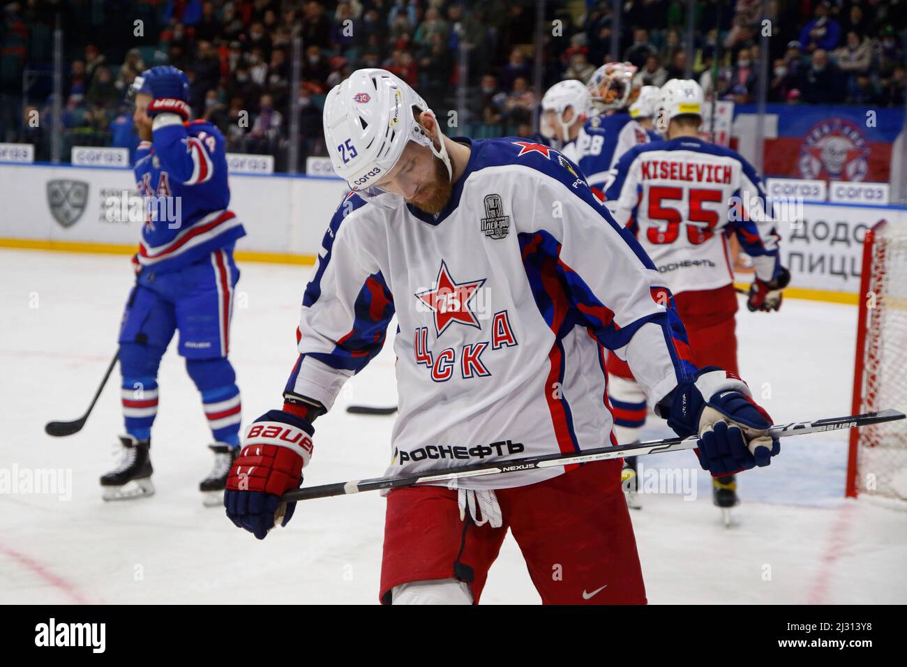 Saint Petersburg, Russia. 04th Apr, 2022. CSKA Hockey Club player, Mikhail  Grigorenko (C) seen in action during the Kontinental Hockey League, Gagarin  Cup, KHL 2021/22 between SKA Saint Petersburg and CSKA Moscow