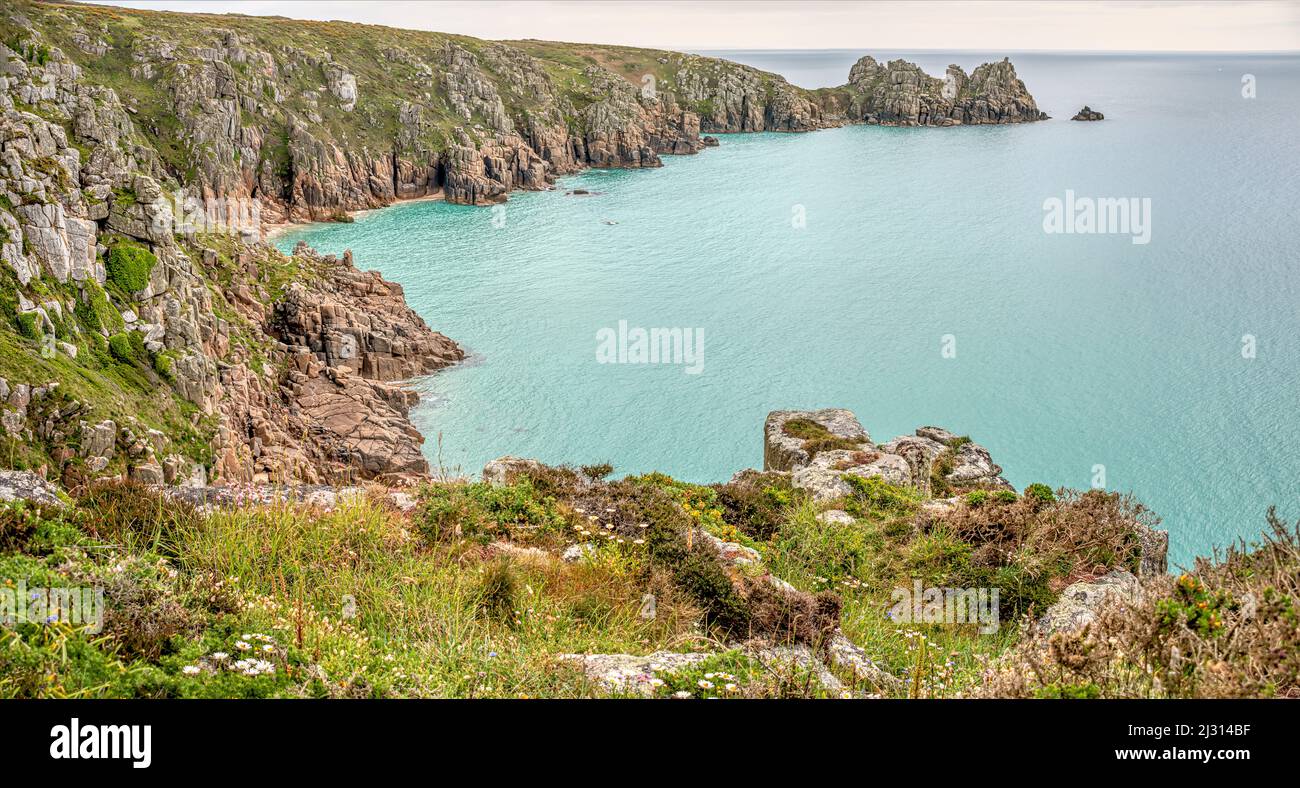 View of the scenic coastline near Porthcurno, Cornwall, England, UK Stock Photo