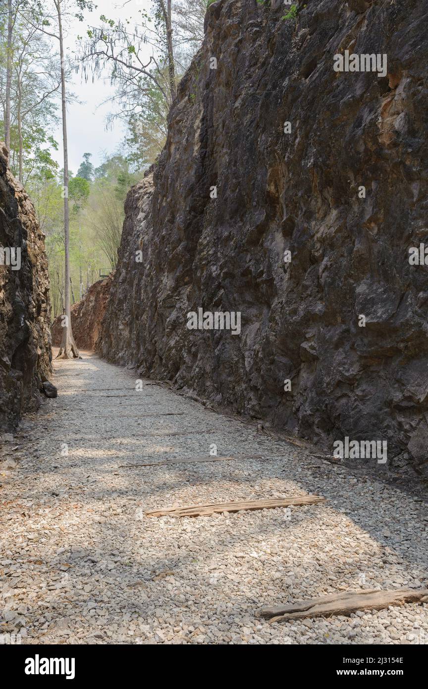 Hellfire Pass on the notorious Burma to Thailand death railway, where thousands of Allied POWs and Asian labourers died during the Second World War. Stock Photo