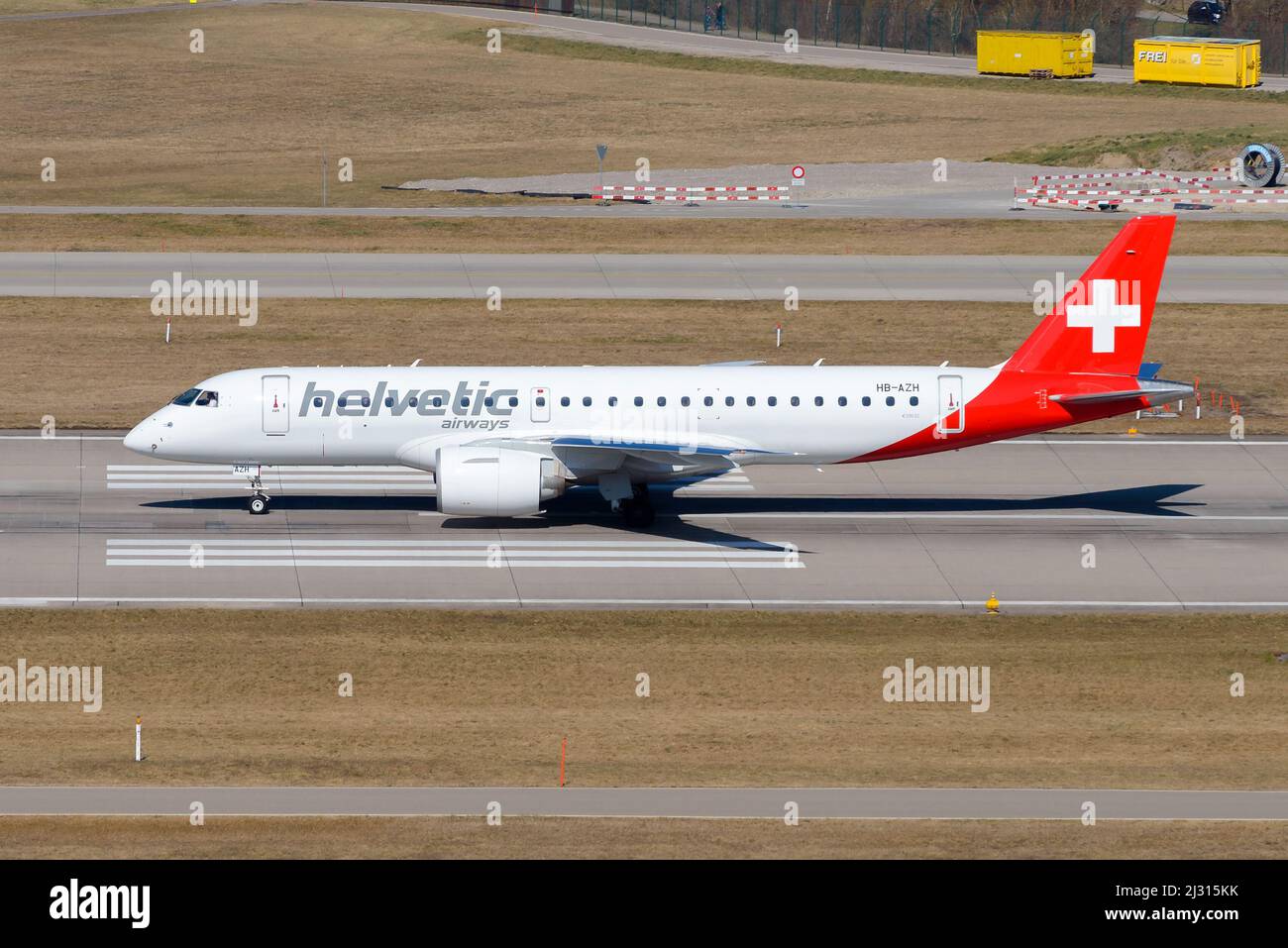 Helvetic Airways Embraer 190-E2 aircraft departing at Zurich Airport. New modern E-jet E190 airplane of Helvetic Airline E2. Stock Photo