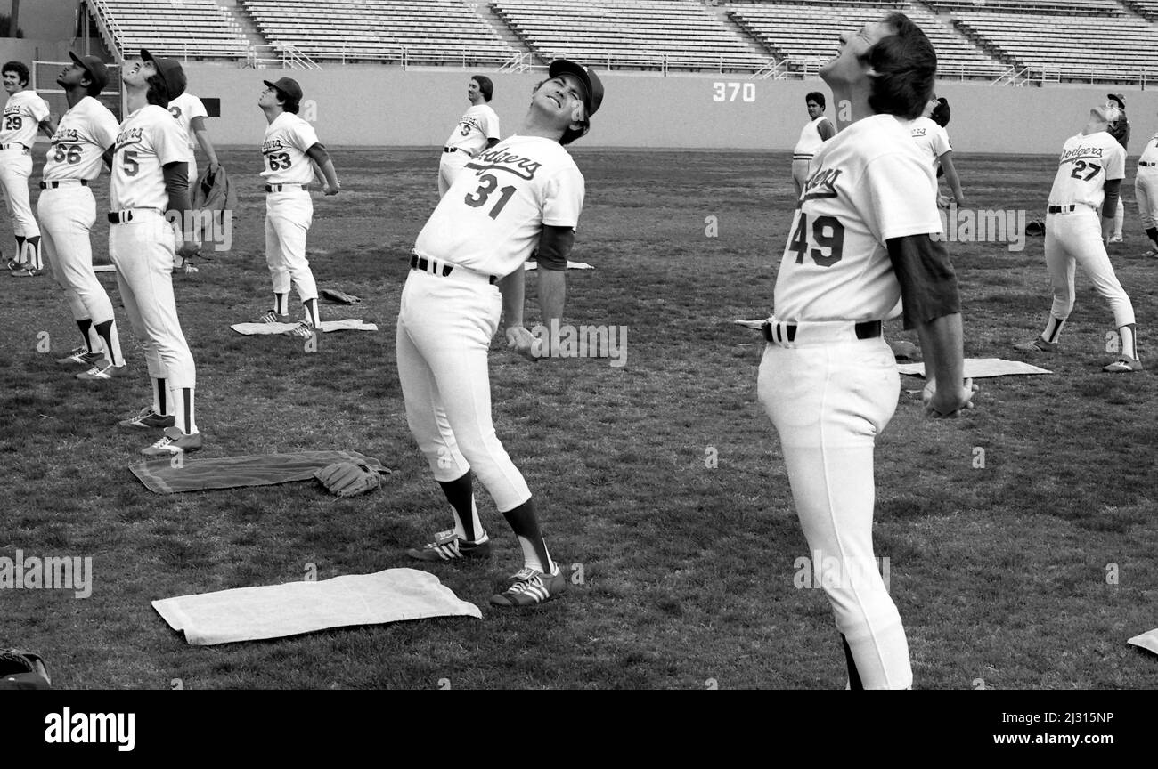Los Angeles Dodgers players at preseason workout at Dodger Stadium in