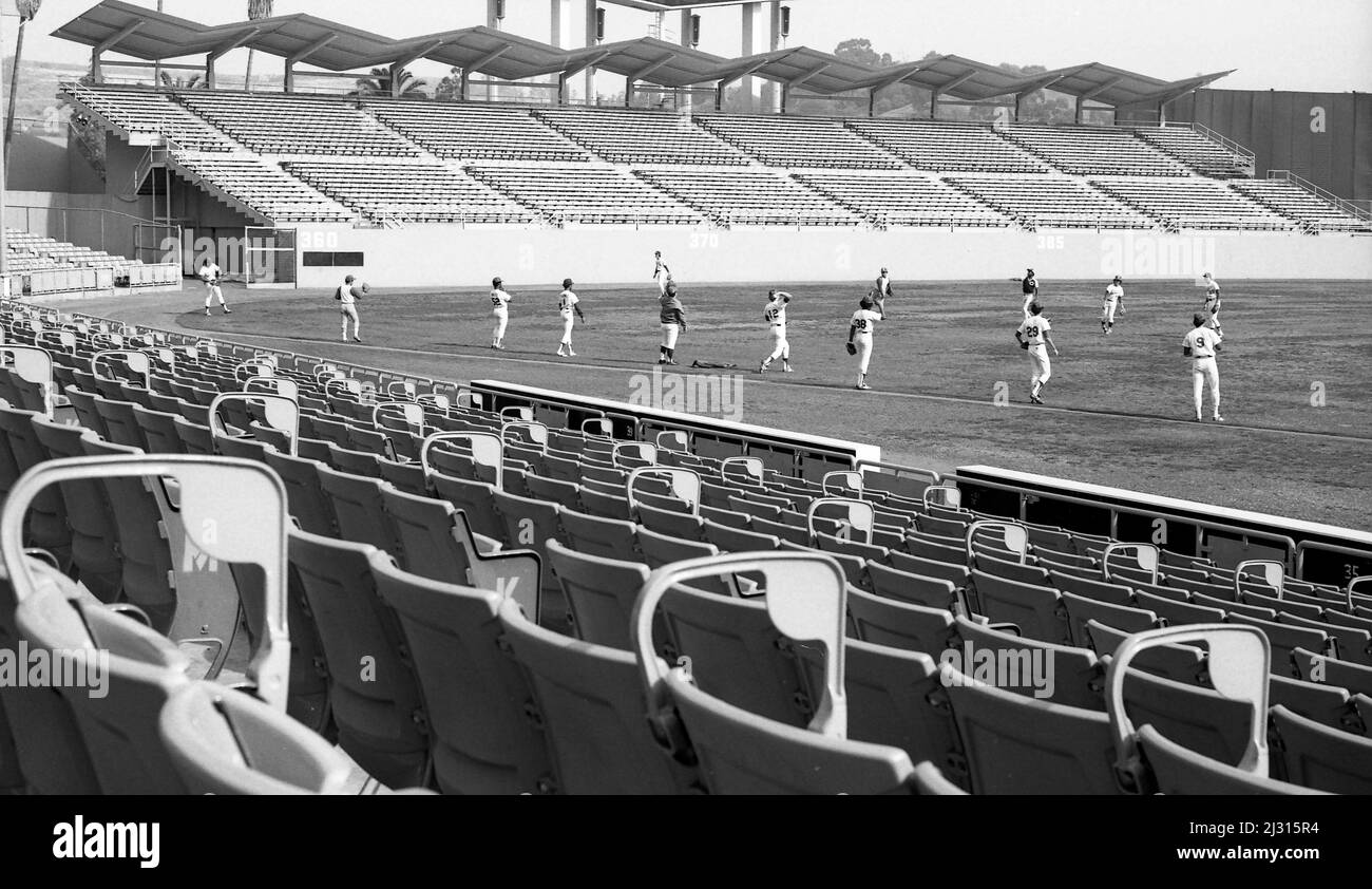 Los Angeles Dodgers players at preseason workout at Dodger Stadium in
