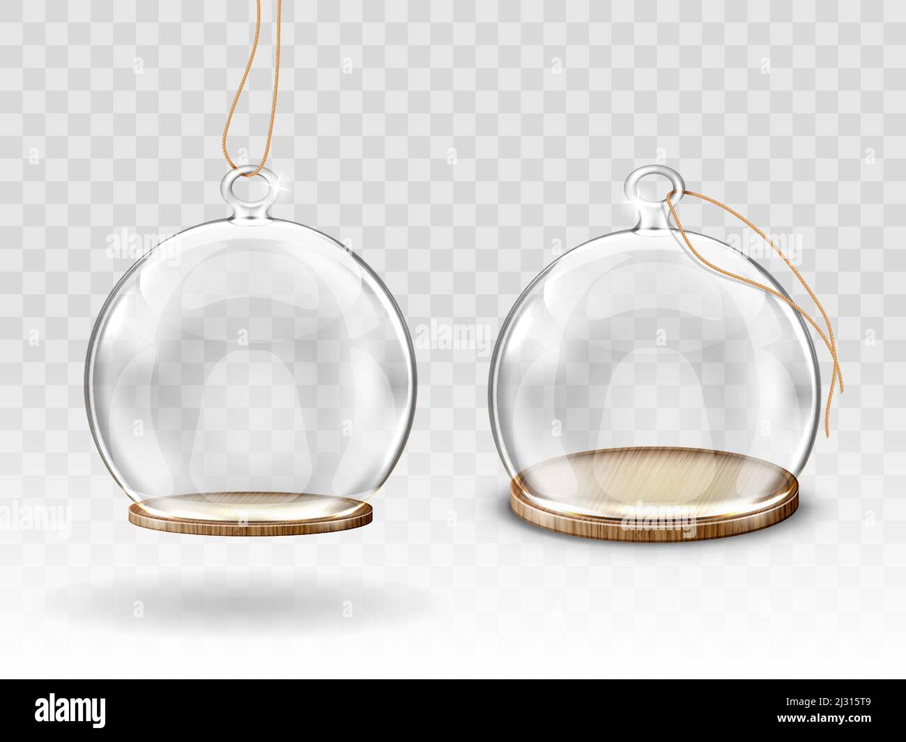 Glass christmas balls, hanging dome and wooden tray realistic vector. Glass transparent round balls with empty space for decoration Christmas tree, is Stock Vector