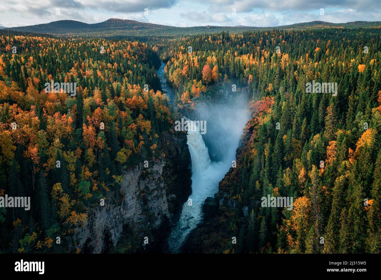 Hällingsåfallet waterfall near Strömsund with forest in autumn in Jämtland in Sweden from above Stock Photo