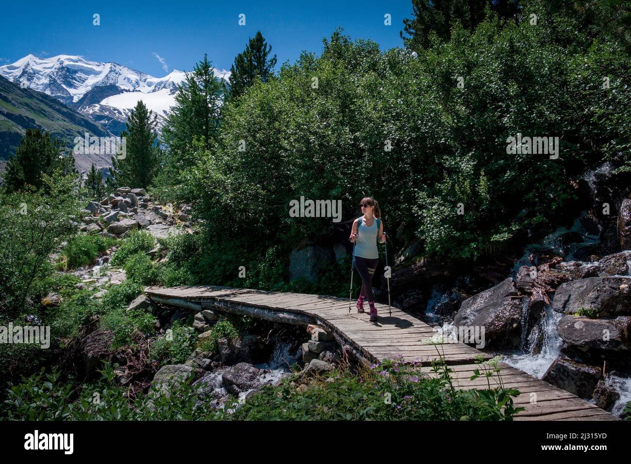 Woman hikes on bridge with brook on Morteratsch Glacier in the Engadin in the Swiss Alps in summer Stock Photo