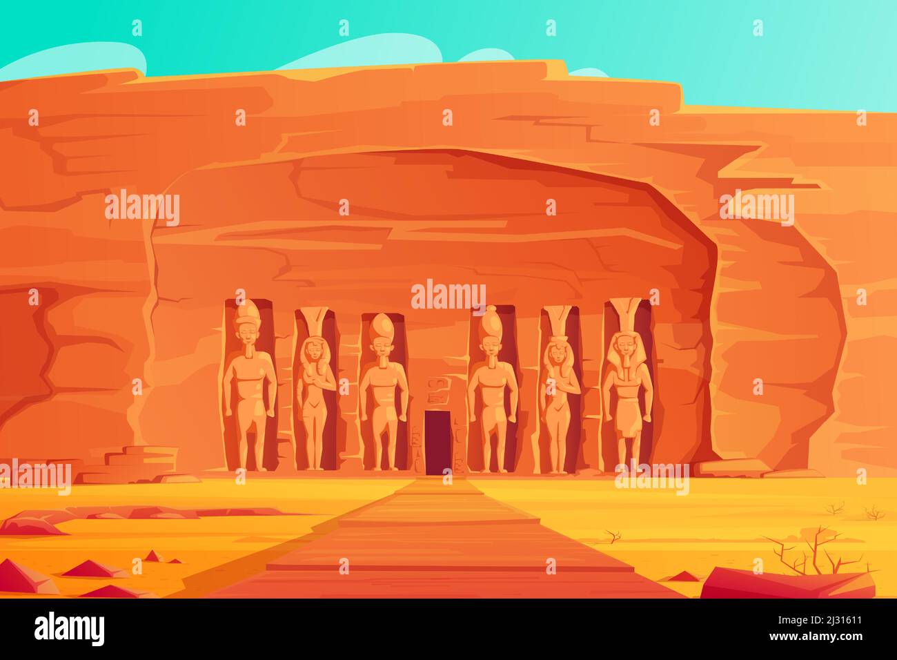 Ancient Egypt, Abu Simbel Small Temple, cartoon vector illustration. Rock carved temple facade with giant figures pharaoh Ramses and his wife Nefertar Stock Vector
