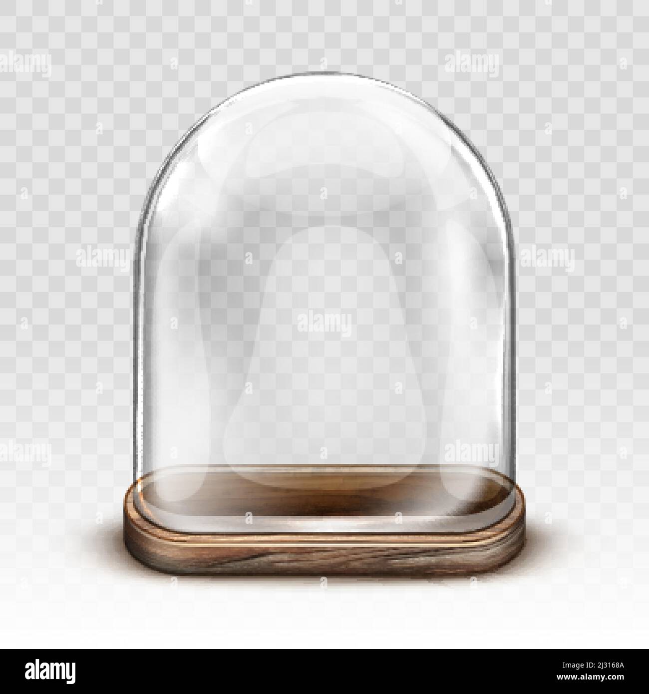 Glass dome and old wooden tray realistic vector. Vintage transparent glass dome square shape with retro wood plate, storage container, product present Stock Vector