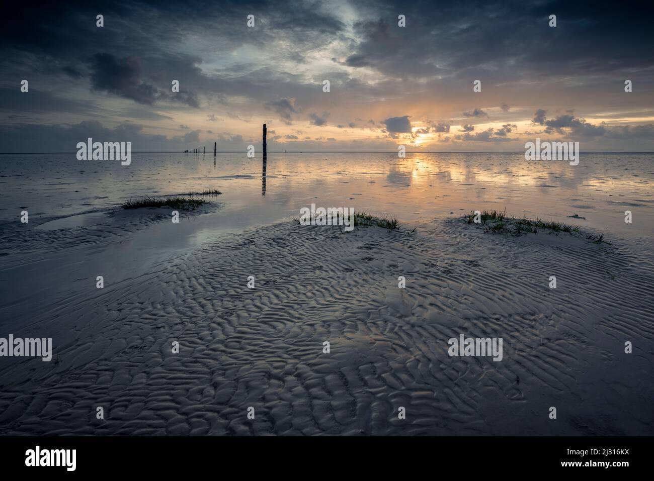 Sunset at the Wadden Sea, Sankt Peter-Ording, Schleswig-Holstein, Germany, Europe Stock Photo
