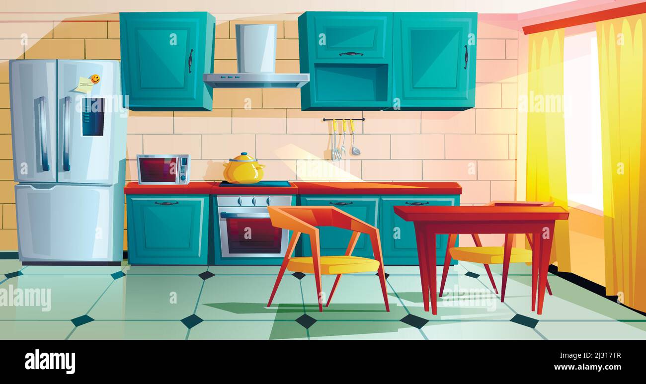 Kitchen interior witn furniture cartoon vector illustration. Home cooking room with wooden dining table, blue kitchen cabinets, fridge with magnet and Stock Vector