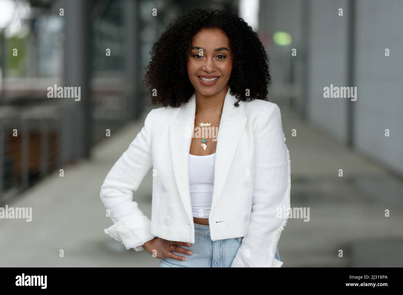 Cologne, Germany. 04th Apr, 2022. Blocking period until April 5. Actress Féréba Koné stands at a press event for the RTL TV series 'Alles was zählt' on the grounds of MMC Studios. Credit: Henning Kaiser/dpa/Alamy Live News Stock Photo