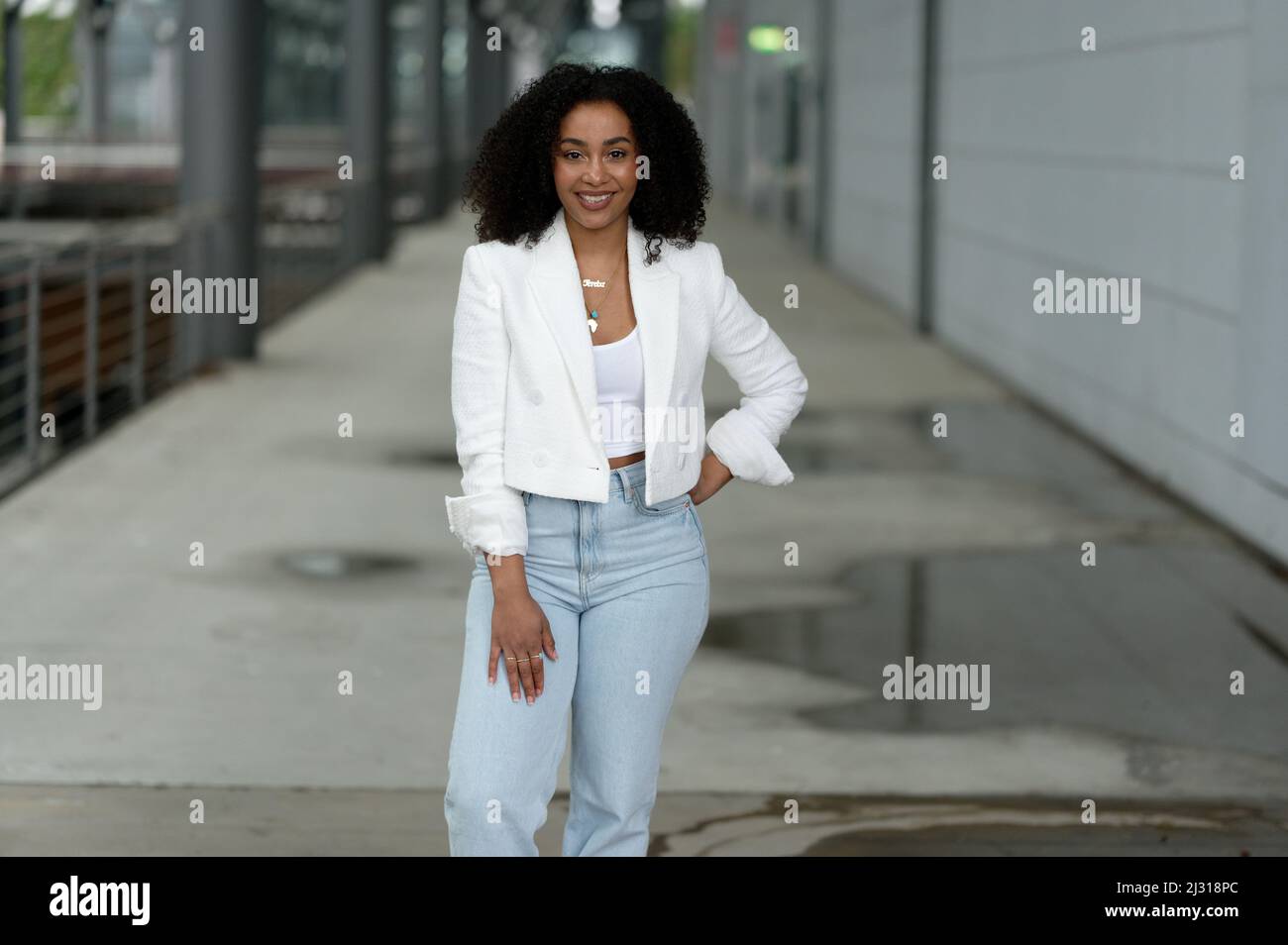 Cologne, Germany. 04th Apr, 2022. Blocking period until April 5. Actress Féréba Koné stands at a press event for the RTL TV series 'Alles was zählt' on the grounds of MMC Studios. Credit: Henning Kaiser/dpa/Alamy Live News Stock Photo