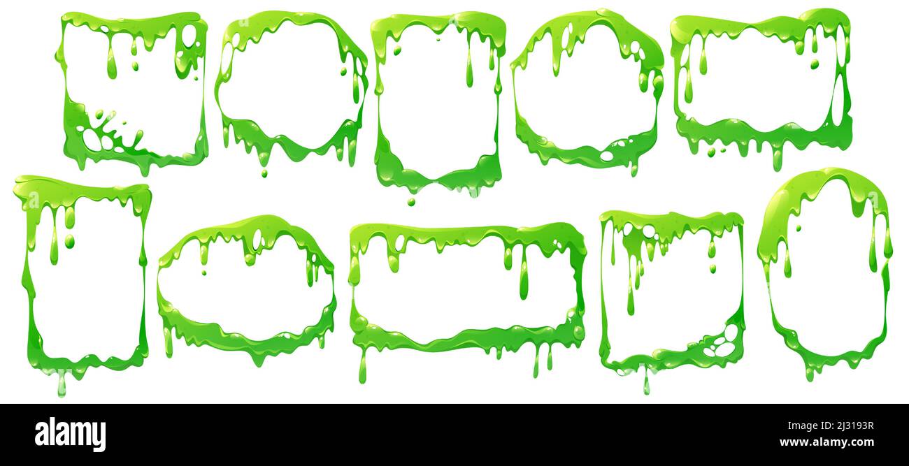 Frames of liquid green slime flows, dripping poison goo. Vector cartoon set of borders different shapes from fluid mucus drops and sticky ooze splatters isolated on white background Stock Vector