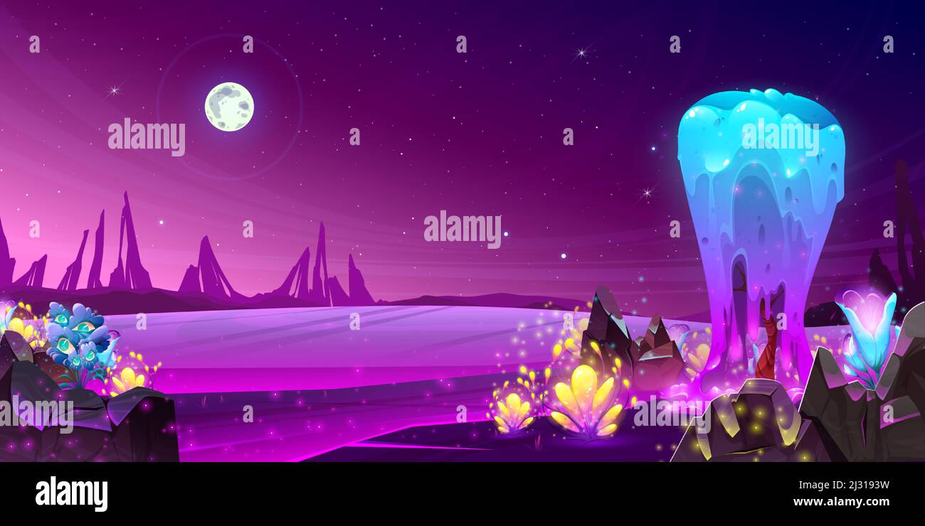 Alien Planet Landscape With Fantasy Space Plants Magic Trees And Glowing Flowers Cartoon Extraterrestrial Background With Unusual Nature Game Or Fairy Tale Beautiful Scene Vector Illustration Set Stock Vector Image Art