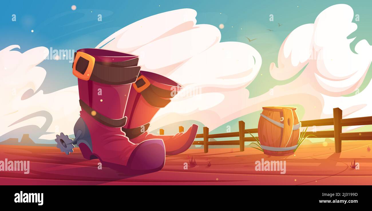 Cowboy boots with spur on american ranch. Vector cartoon illustration of wild west landscape, western desert with wooden fence and someone hiding in wood barrel Stock Vector