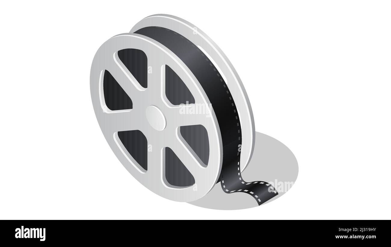 Cinema isometric icon with shadow cartoon vector illustration isolated on white background. Movie industry element, film reel or spool with cinema tap Stock Vector