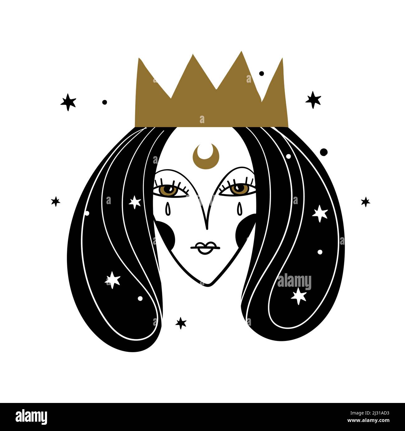 Icon with a woman in a crown, a dark queen with tears, a boho tattoo for a witch, a mystical logo for a profile. Vector illustration isolated on white Stock Vector