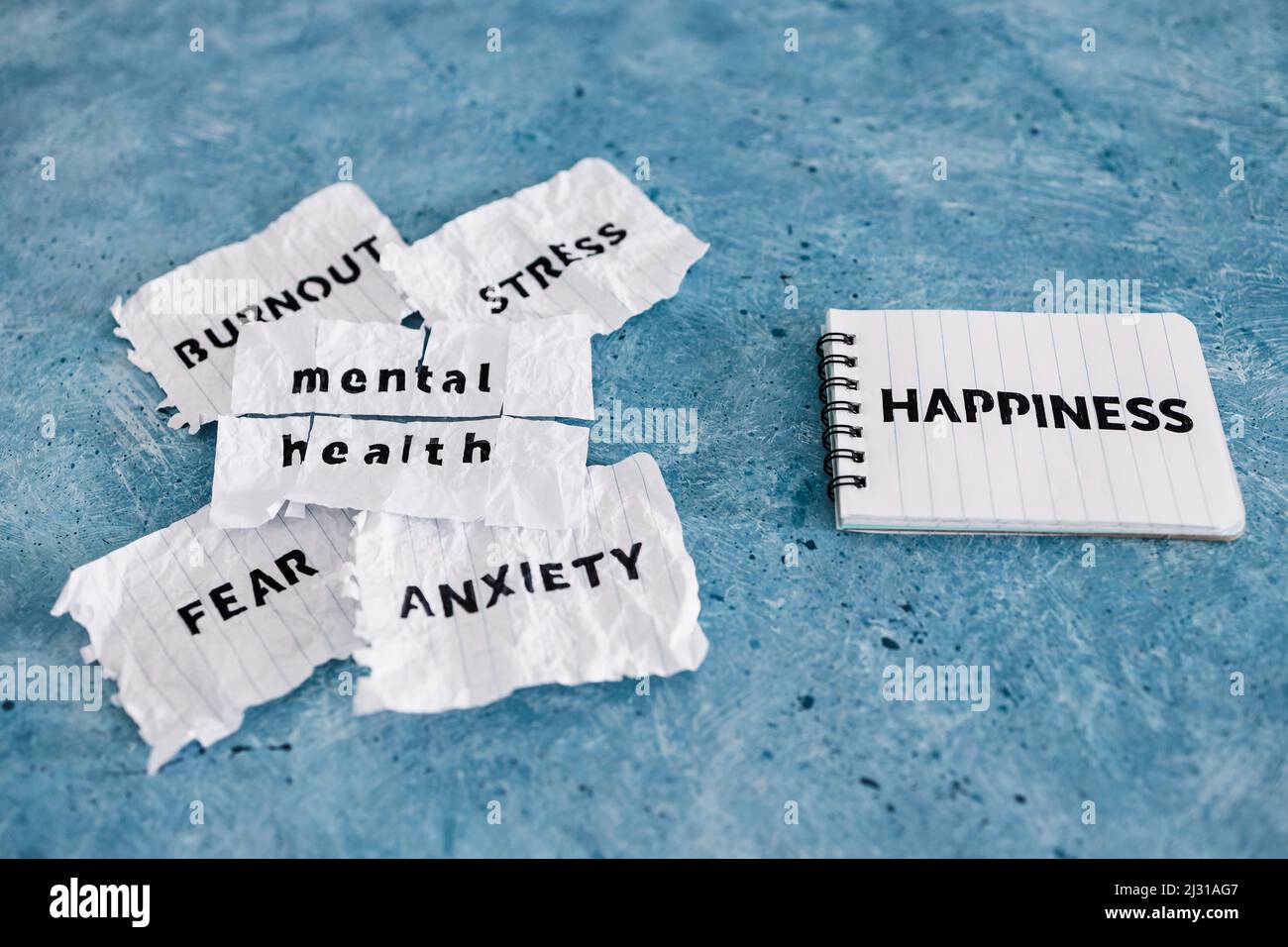 Happiness text on notepad with Fear Anxiety Stress and Burnout words