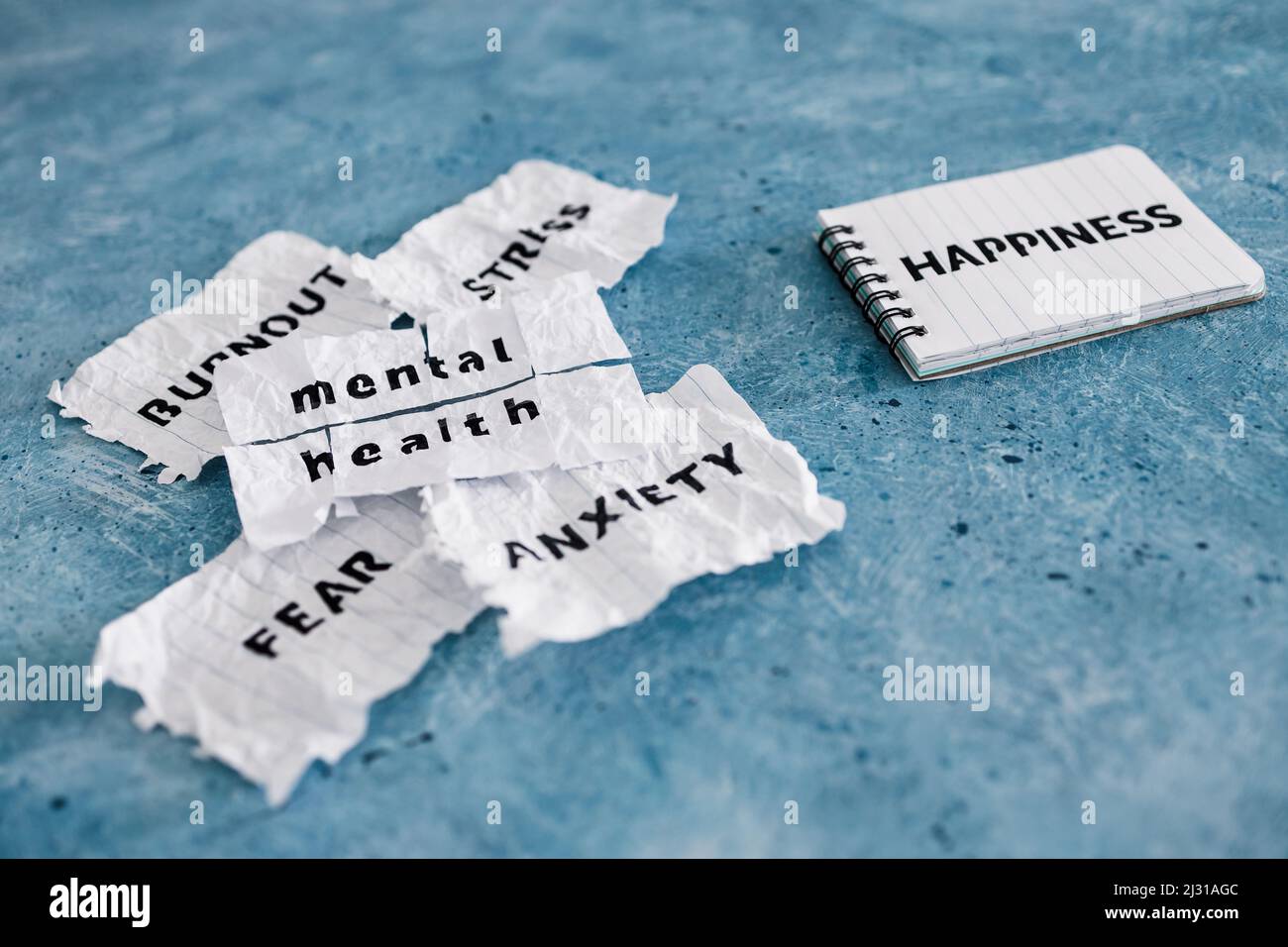 Fear Sticky Note Happiness text on notepad with Fear Anxiety Stress and Burnout words ...