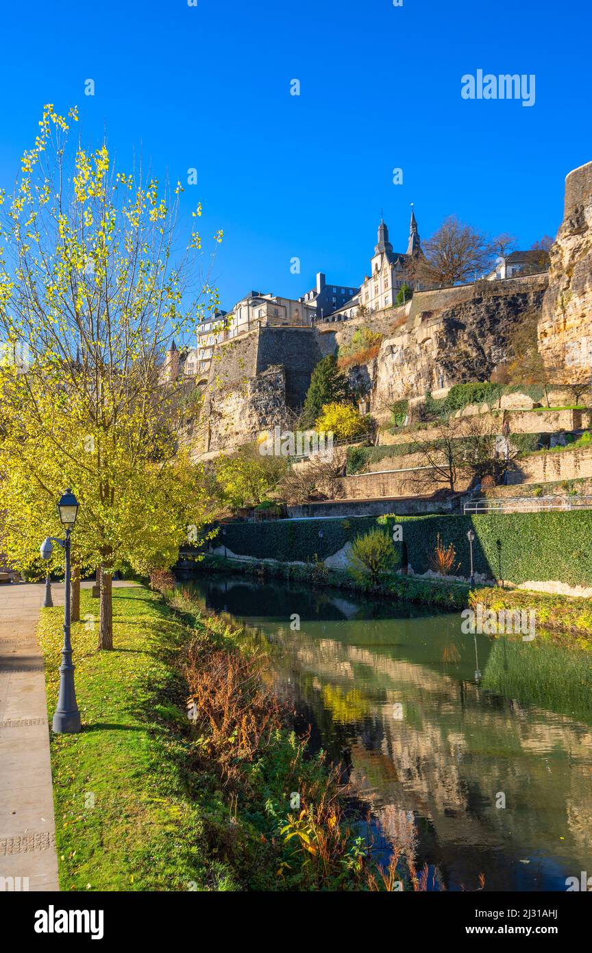 Alzette in Grund with St. Michel Church, Luxembourg, Grand Duchy of Luxembourg Stock Photo