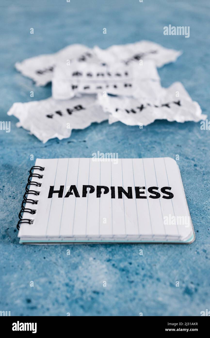 Fear Sticky Note Happiness text on notepad with Fear Anxiety Stress and Burnout words ...