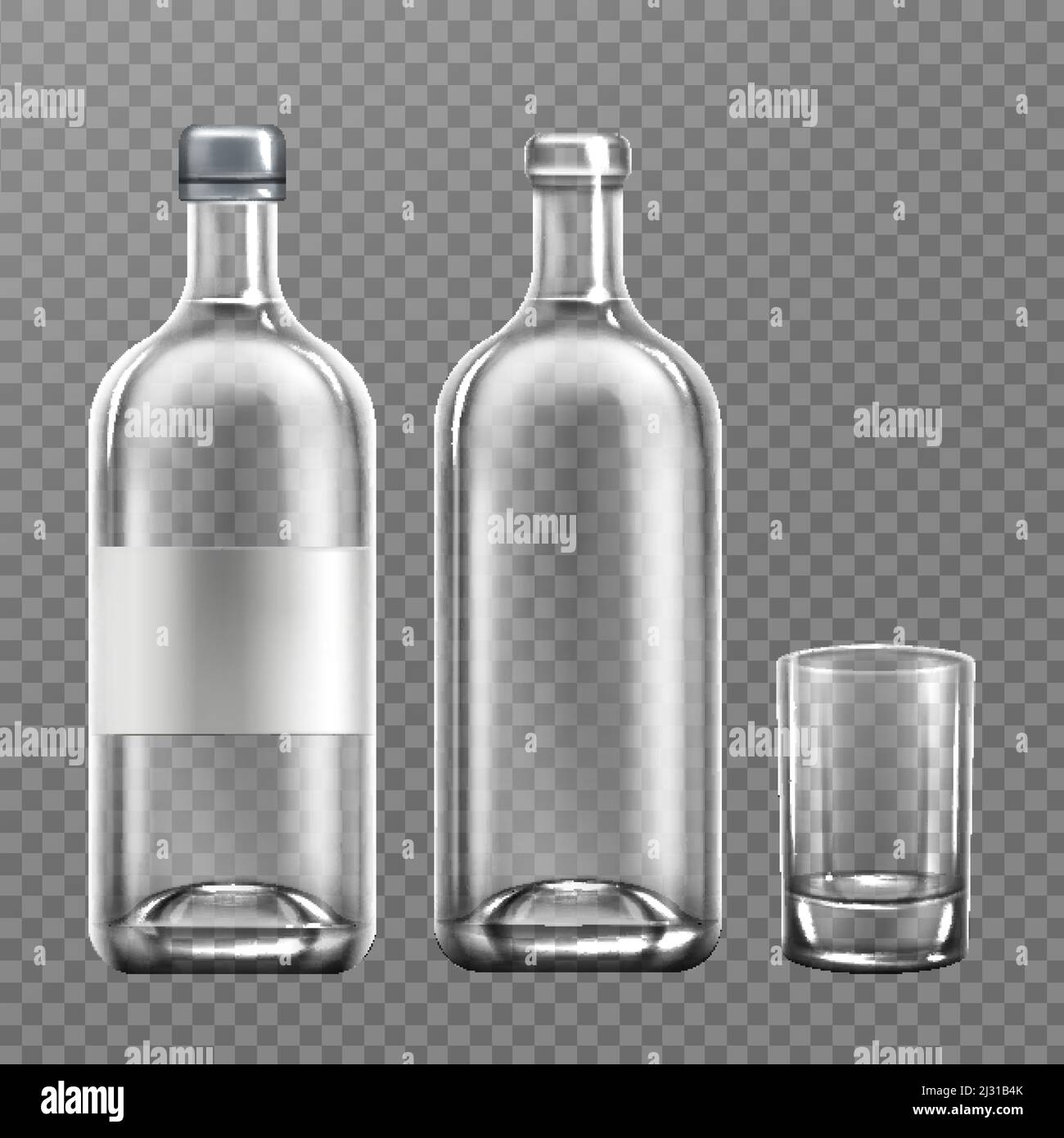 Vodka glass bottle realistic vector illustration. Open and closed cap