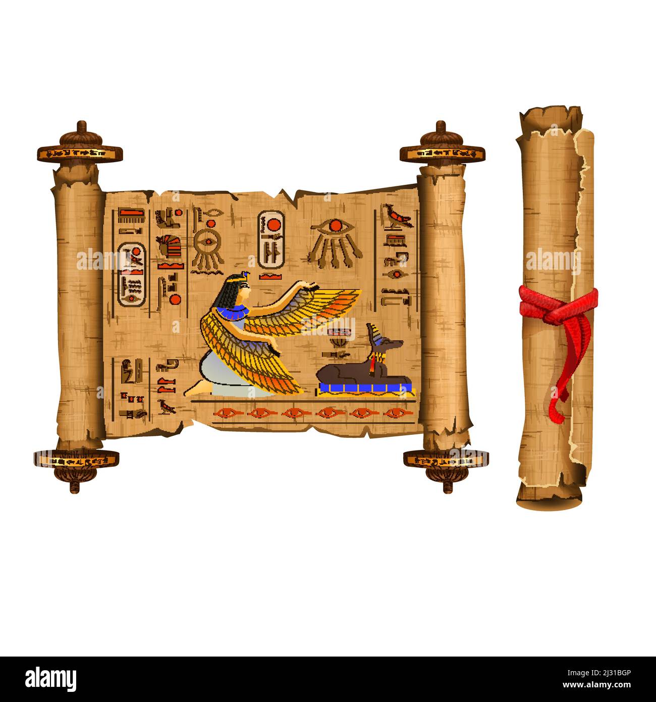 Ancient Egypt papyrus scroll cartoon vector collection with hieroglyphs and Egyptian culture religious symbols, ancient gods Isis and Anubis. Decorate Stock Vector