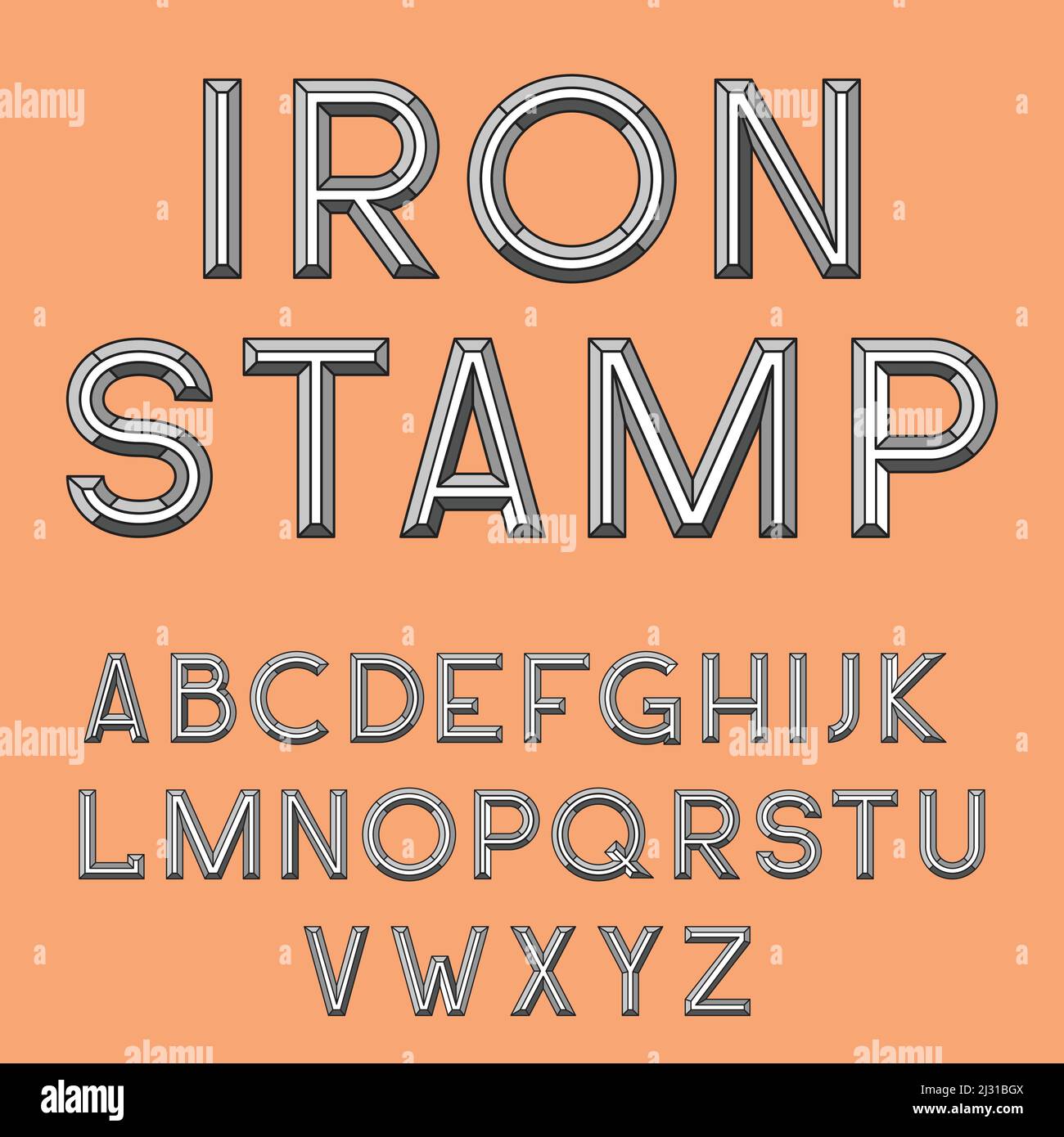 Metal stamp font retro vector illustration. Set of unique decorative 3D type, capital calligraphic alphabet, typography letterpress isolated on backgr Stock Vector