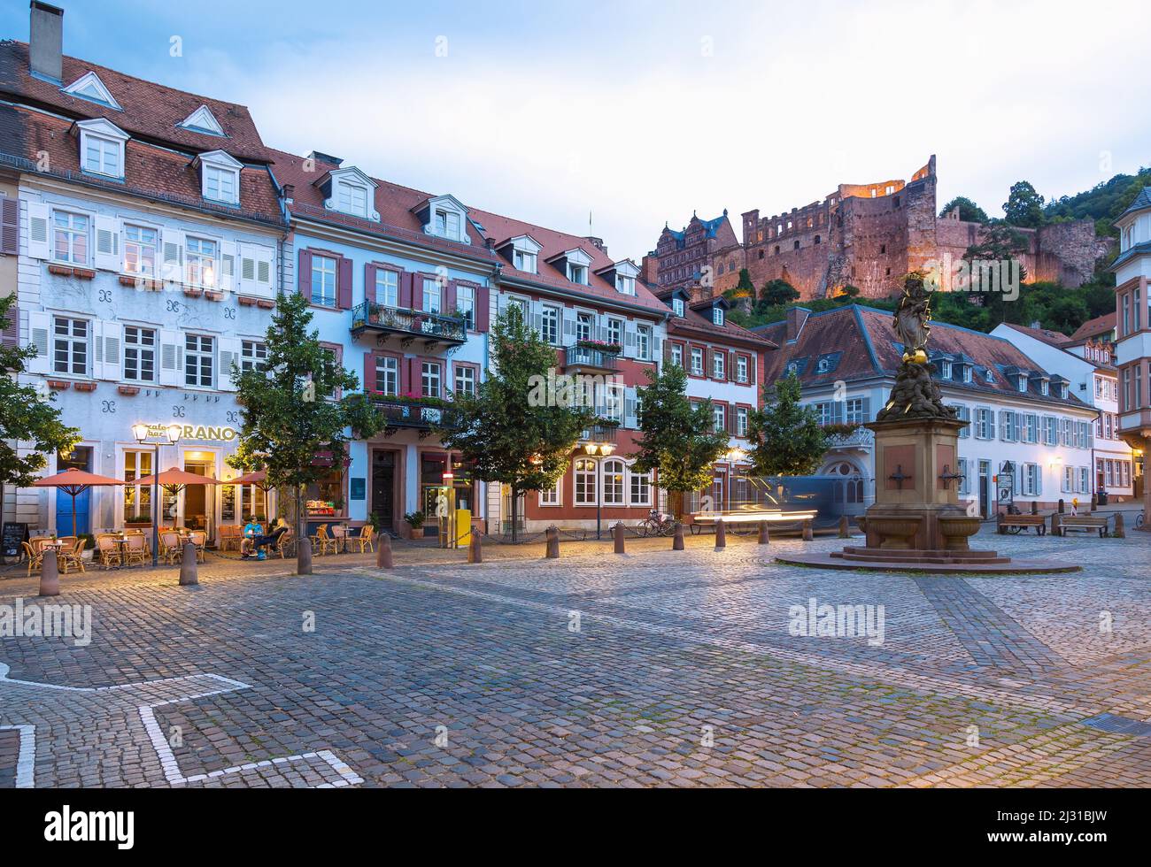 Heidelberg; Kornmarkt with Madonna, Heidelberg Castle Stock Photo