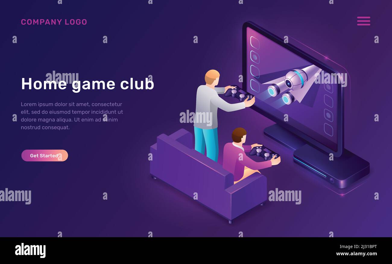 Home game club isometric concept vector illustration. 3D icon console,  station for video games and two men players with joysticks in their hands,  leis Stock Vector Image & Art - Alamy