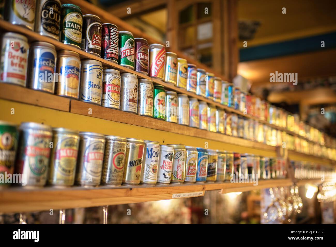 Collection of beer cans from around the world in cozy bar in Punta Arenas, Patagonia, Chile, South America Stock Photo