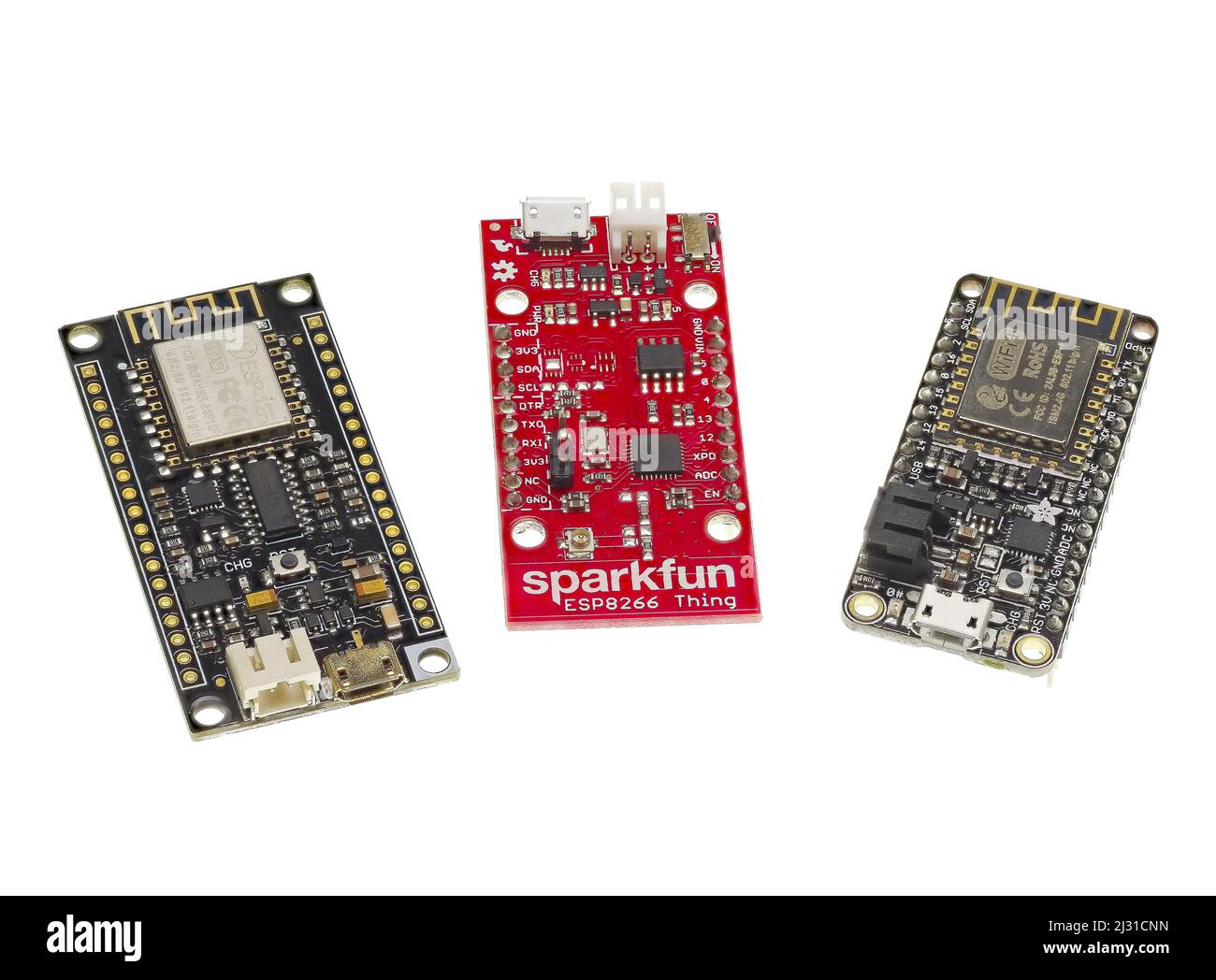 Bucharest, Romania - April 2, 2022: Popular IoT development boards based on ESP8266 chip from Espressif Stock Photo
