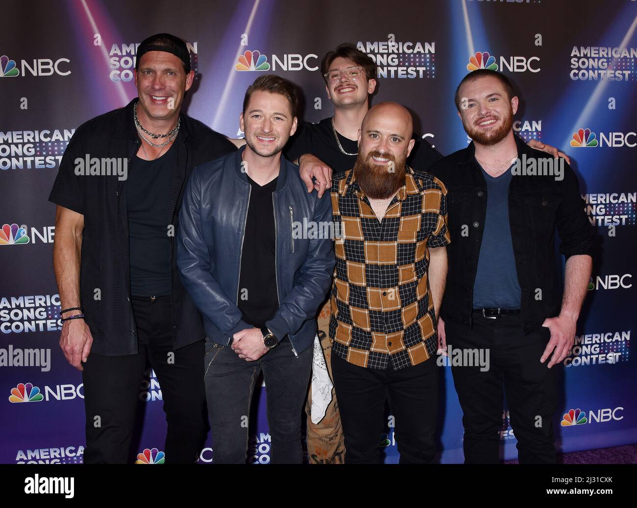 Judd Hoos, Shane Funk, Tyler Bills, Keithan Funk, Andy Young and Chase Huseby at the ÔAmerican Song ContestÕ Week 3 Red Carpet held at the Universal Studios Lot on April 4, 2022 in Universal City, CA. © Janet Gough / AFF-USA.COM Stock Photo