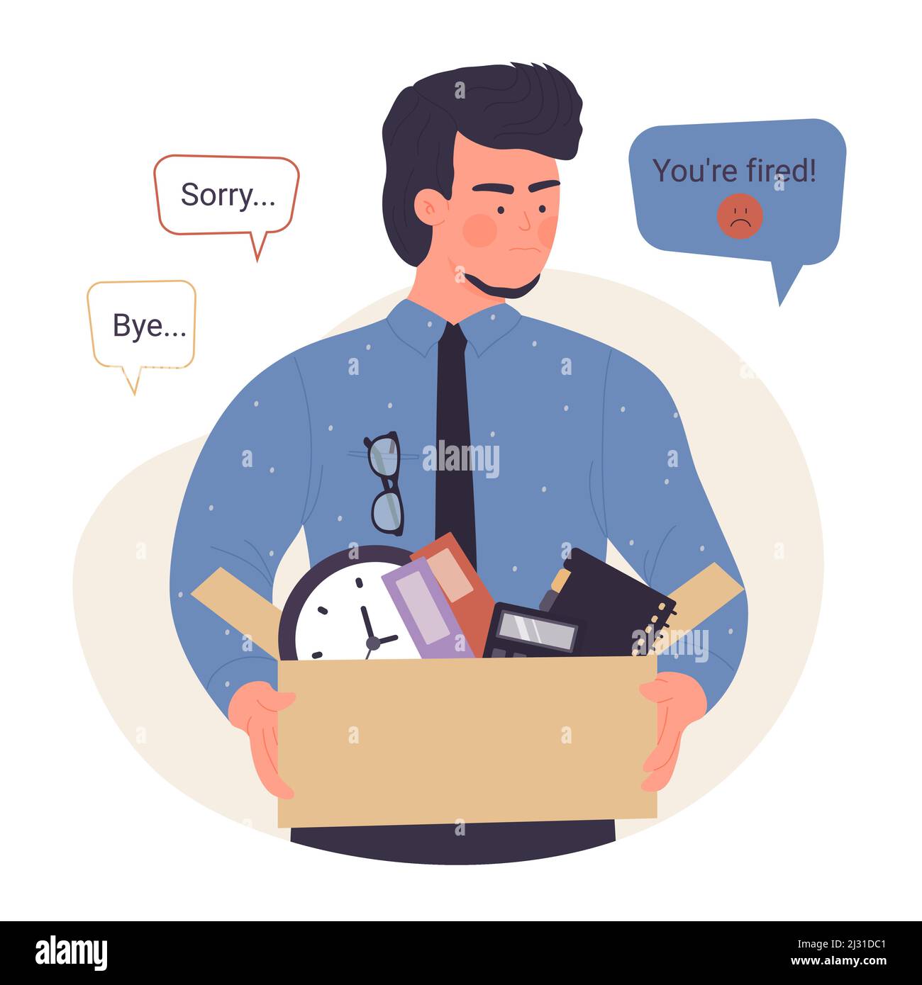 Unemployed dismissed office worker holding box with things. Sad employee with phrases from boss in text bubbles above head flat vector illustration. Layoff, unemployment, human resources concept Stock Vector