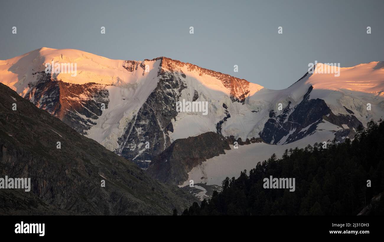Snow-covered mountain peaks of the Morteratsch Glacier in the Engadin in the Swiss Alps in sunset Stock Photo