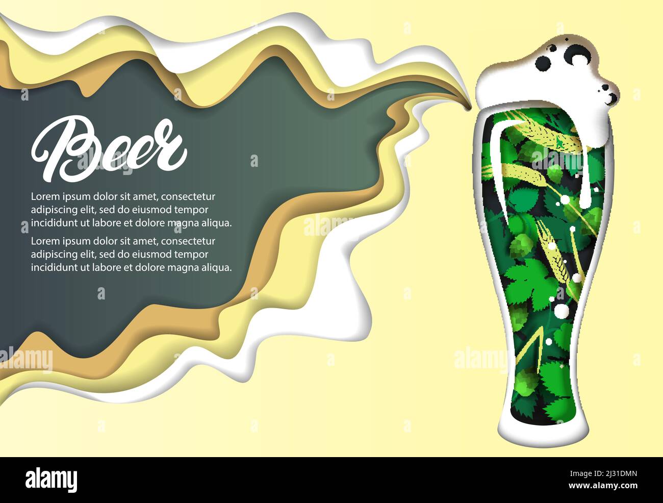Beer poster design template, vector paper cut illustration Stock Vector