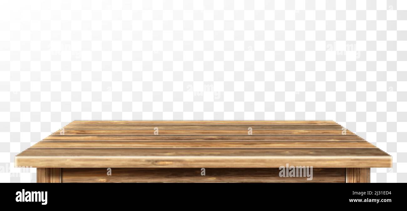 Wooden table top with aged surface, realistic vector illustration. Vintage dining table made of darkened wood, realistic plank texture. Empty desk top Stock Vector