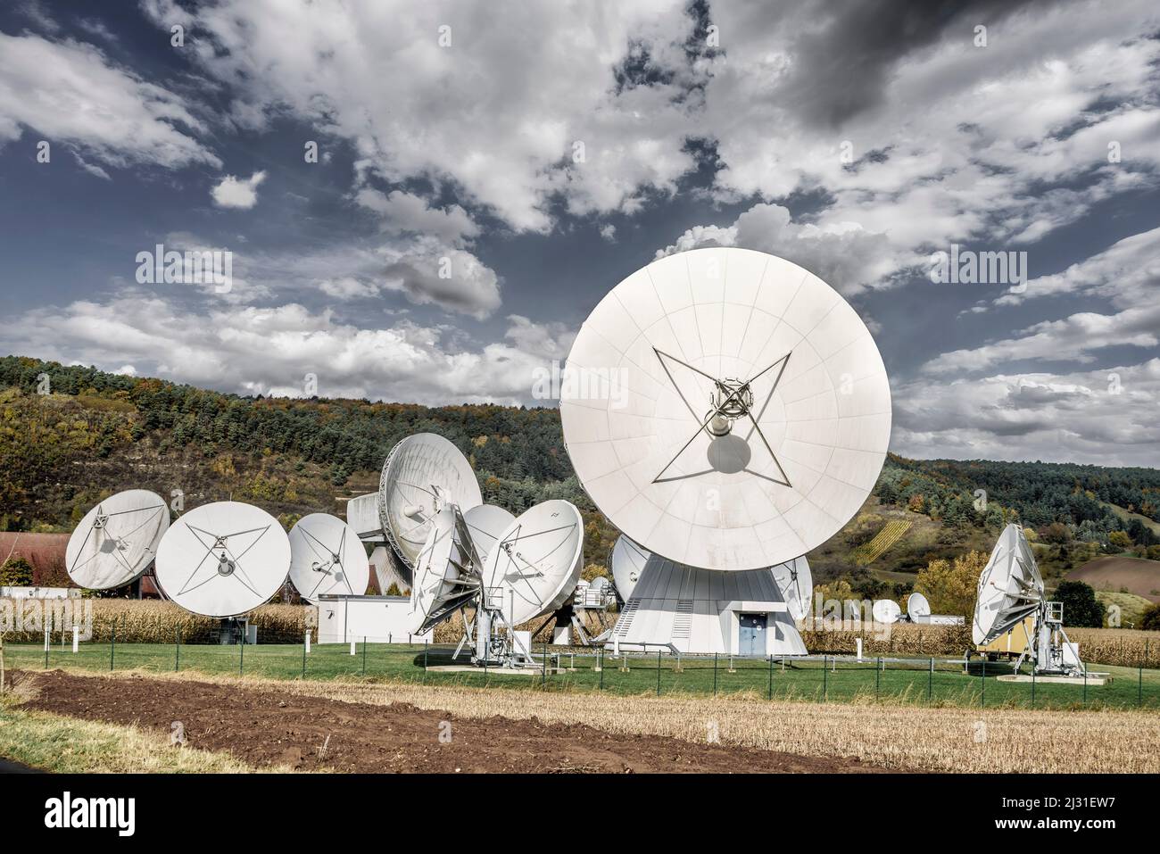 Earth station Fuchsstadt, Intelsat, parabolic antennas, Hammelburg, Lower Franconia, Bavaria, Germany, Stock Photo
