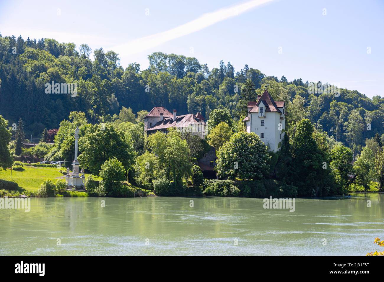 Wernstein am Inn; Wernstein Castle, Marian column Stock Photo