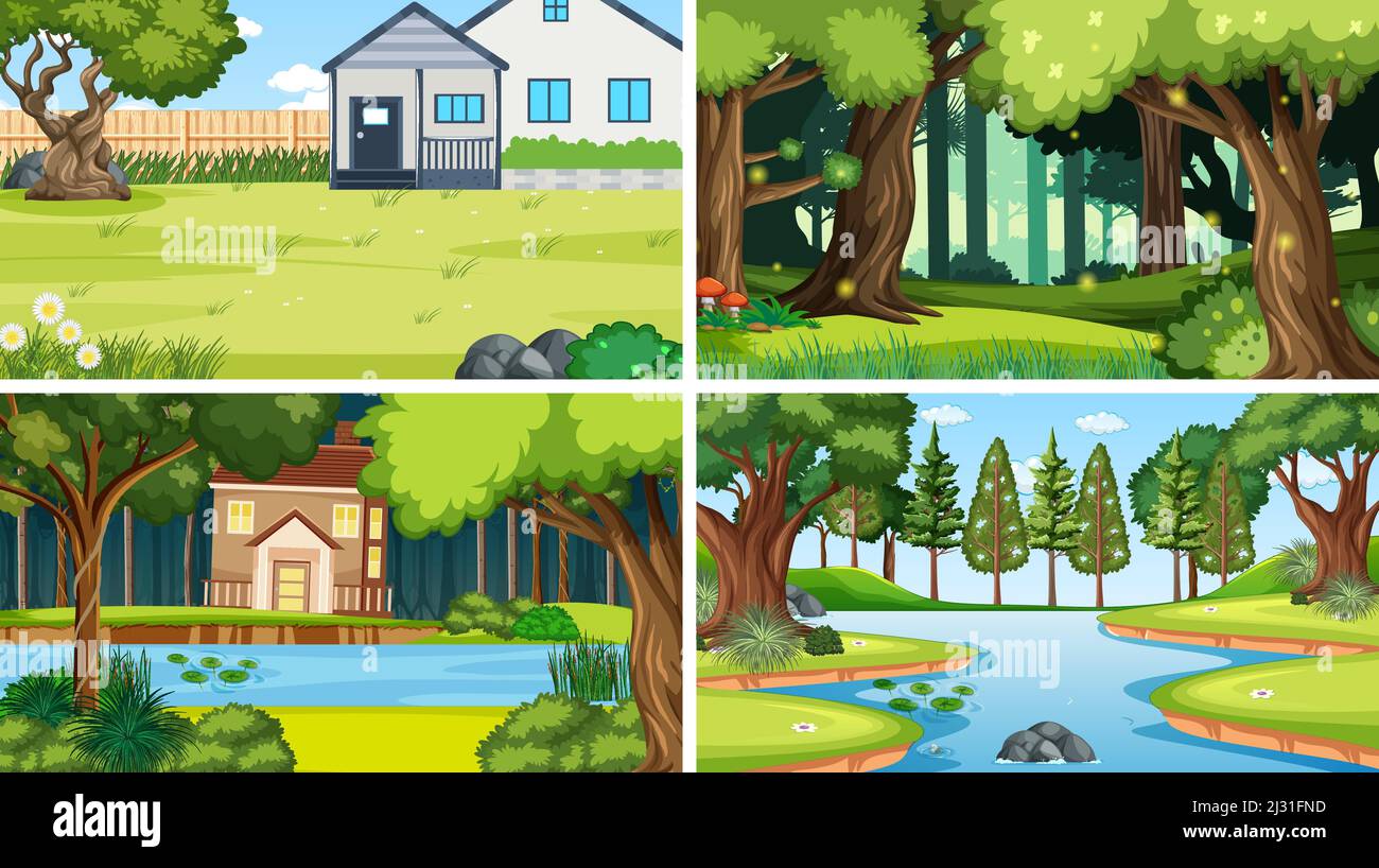 Nature scene with many trees and river illustration Stock Vector Image ...