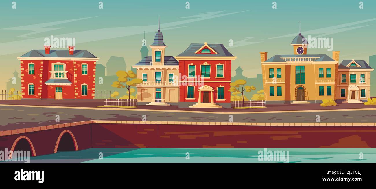 19th century town street with european buildings and lake promenade. Vector cartoon illustration of city landscape with old vintage architecture. Retr Stock Vector