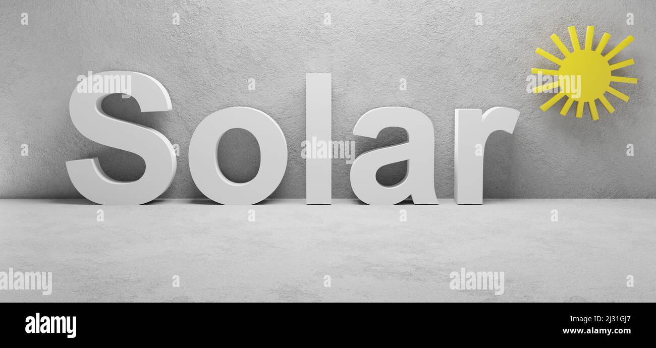 3d render image of the word solar with sun symbol Stock Photo - Alamy