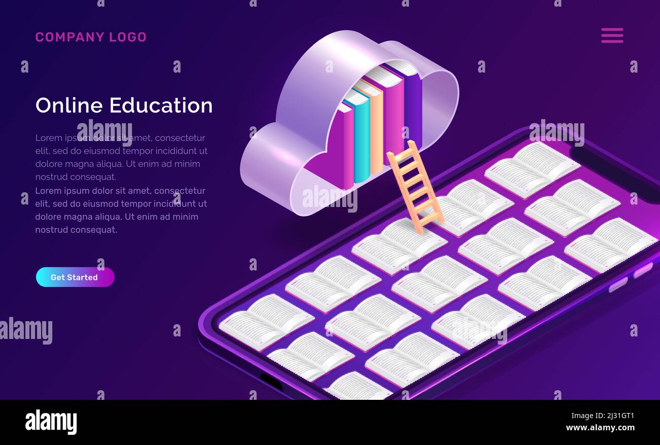 Online education isometric concept vector illustration. Open books on mobile phone screen and cloud with library on violet background, landing web sit Stock Vector