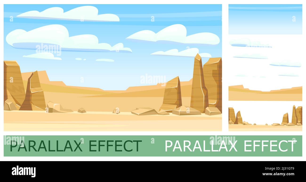 Rocky cliffs. Sandy desert. Image from layers for overlay with parallax effect. Desert natural landscape with stones. Illustration in cartoon style fl Stock Vector