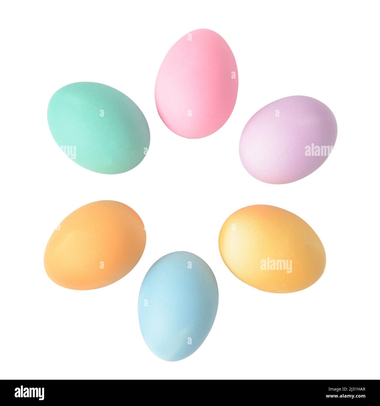 Pastel coloured Easter eggs isolated on white background, round shape border, top view Stock Photo
